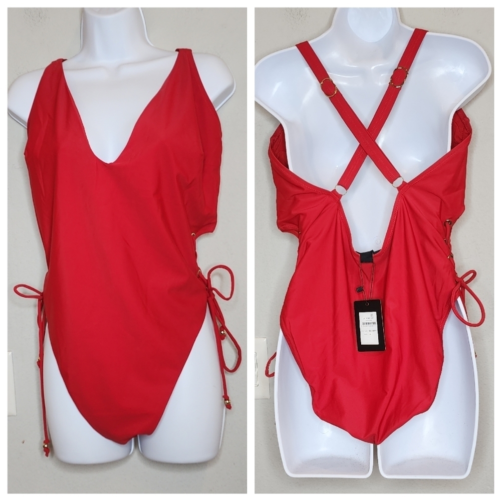 NWT City Chic CCX Red Lace Up Sides One Piece Swimsuit‎ Women's Plus Size 20 2X